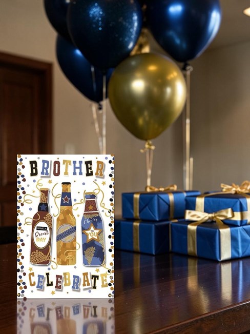 Brother Birthday Card - Brown & Blue Bottles of Beer with Gold Foil 7.75x5.25" Brother Birthday Card - Brown & Blue Bottles of Beer with Gold Foil 7.75x5.25"