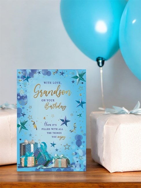 Grandson Birthday Card - Blue Background Presents Balloons Stars Foil 7.75x5.25" Grandson Birthday Card - Blue Background Presents Balloons Stars Foil 7.75x5.25"