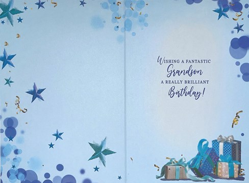 Grandson Birthday Card - Blue Background Presents Balloons Stars Foil 7.75x5.25" Grandson Birthday Card - Blue Background Presents Balloons Stars Foil 7.75x5.25"