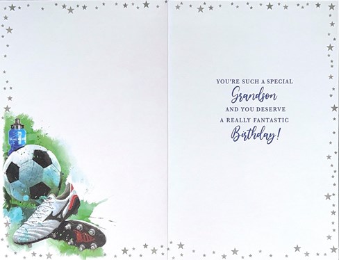 Grandson Birthday Card Green Background Football & Boots Silver Foil 7.75x5.25" Grandson Birthday Card Green Background Football & Boots Silver Foil 7.75x5.25"