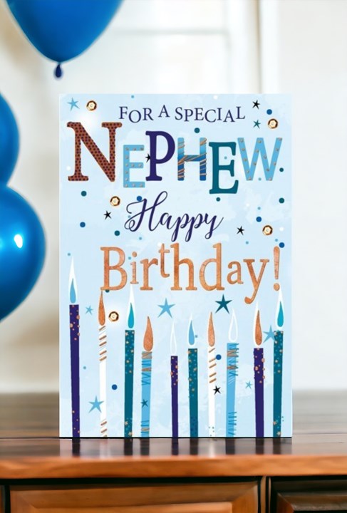 Nephew Birthday Card - Blue and Green Candles with Bronze Foil 7.75x5.25" Nephew Birthday Card - Blue and Green Candles with Bronze Foil 7.75x5.25"