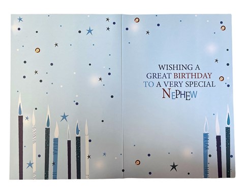 Nephew Birthday Card - Blue and Green Candles with Bronze Foil 7.75x5.25" Nephew Birthday Card - Blue and Green Candles with Bronze Foil 7.75x5.25"