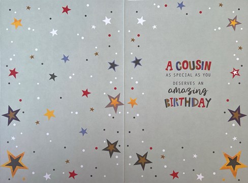 Cousin Birthday Card - Coloured Candles Writing Stars with Gold Foil 7.75x5.25" Cousin Birthday Card - Coloured Candles Writing Stars with Gold Foil 7.75x5.25"
