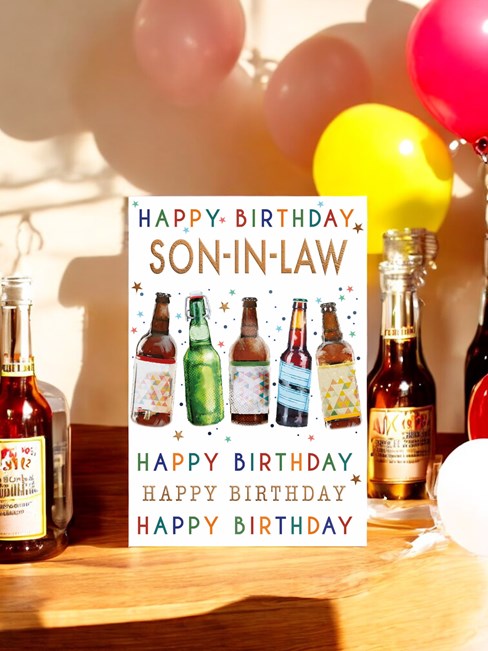 Son-in-Law Birthday Card - Bottles of Beer and Stars with Gold Foil 7.75x5.25" Son-in-Law Birthday Card - Bottles of Beer and Stars with Gold Foil 7.75x5.25"