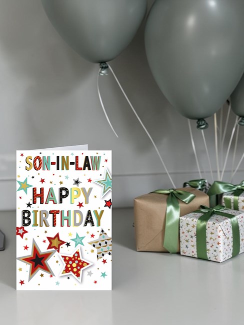 Son In Law Birthday Card - Brown Green and Grey Stars with Gold Foil 7.75x5.25" Son In Law Birthday Card - Brown Green and Grey Stars with Gold Foil 7.75x5.25"