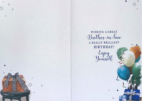 Brother-in-Law Birthday Card - Presents on Table Balloons Bunting Foil 7.5x5.25" Brother-in-Law Birthday Card - Presents on Table Balloons Bunting Foil 7.5x5.25"