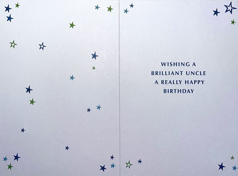 Uncle Birthday Card - Blue Green Brown Writing & Stars with Gold Foil 7.75x5.25" Uncle Birthday Card - Blue Green Brown Writing & Stars with Gold Foil 7.75x5.25"