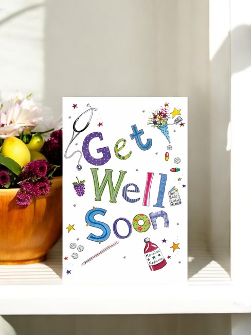 Get Well Soon Card - Mulitcolour Writing Flowers Grapes Medicine Foil 7.75x5.25" Get Well Soon Card - Mulitcolour Writing Flowers Grapes Medicine Foil 7.75x5.25"