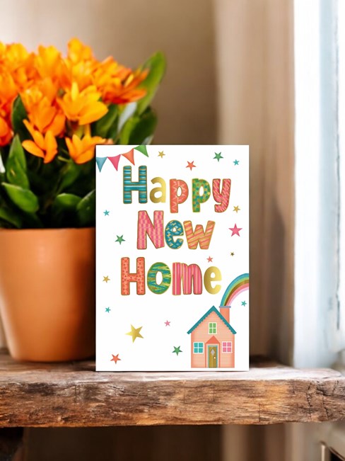 New Home Greetings Card - House with Rainbow out of Chimney Gold Foil 7.75x5.25" New Home Greetings Card - House with Rainbow out of Chimney Gold Foil 7.75x5.25"