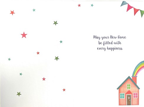 New Home Greetings Card - House with Rainbow out of Chimney Gold Foil 7.75x5.25" New Home Greetings Card - House with Rainbow out of Chimney Gold Foil 7.75x5.25"