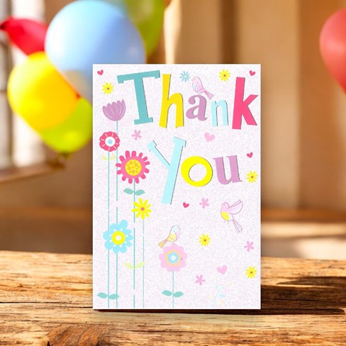 Thank You Greetings Card - Big Multicoloured Text Birds & Flowers 7.75" x 5.25" Thank You Greetings Card - Big Multicoloured Text Birds & Flowers 7.75" x 5.25"