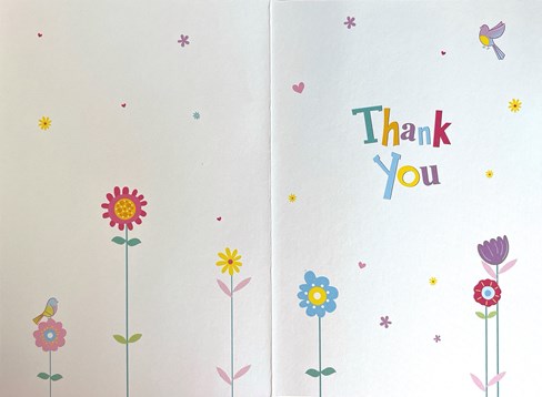 Thank You Greetings Card - Big Multicoloured Text Birds & Flowers 7.75" x 5.25" Thank You Greetings Card - Big Multicoloured Text Birds & Flowers 7.75" x 5.25"