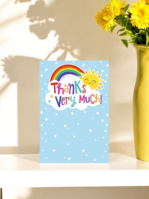 Thank You Greetings Card - Blue with Bright Rainbow and Sunshine 7.5x5.25" Thank You Greetings Card - Blue with Bright Rainbow and Sunshine 7.5x5.25"