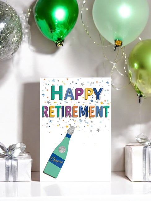 Retirement Card Champagne Bottle Multicoloured Writing Stars Glitter 7.75x5.25" Retirement Card Champagne Bottle Multicoloured Writing Stars Glitter 7.75x5.25"
