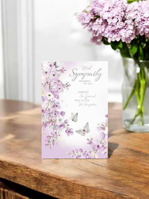 With Sympathy Card - Lilac Flowers Grey Butterflies and Silver Foil 7.75x5.25" With Sympathy Card - Lilac Flowers Grey Butterflies and Silver Foil 7.75x5.25"