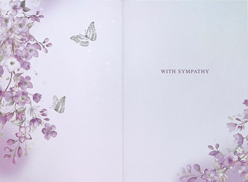 With Sympathy Card - Lilac Flowers Grey Butterflies and Silver Foil 7.75x5.25" With Sympathy Card - Lilac Flowers Grey Butterflies and Silver Foil 7.75x5.25"