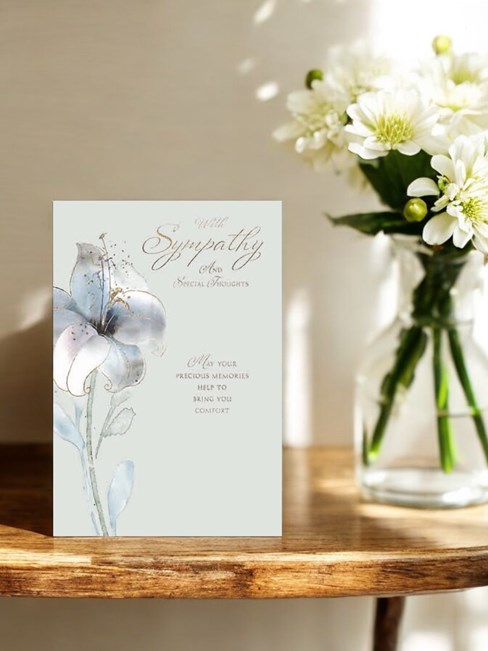 With Sympathy Condolence Card - Green with White Lily and Gold Foil 7.5x5.25" With Sympathy Condolence Card - Green with White Lily and Gold Foil 7.5x5.25"