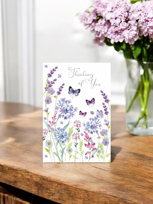 Thinking of You Card - Lilac Pink Wild Flowers Butterflies with Foil 7.75x5.25" Thinking of You Card - Lilac Pink Wild Flowers Butterflies with Foil 7.75x5.25"