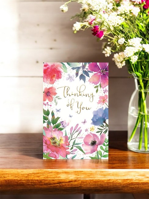 Thinking of You Card - Pink Blue Lilac Flowers Butterflies Gold Foil 7.5x5.25" Thinking of You Card - Pink Blue Lilac Flowers Butterflies Gold Foil 7.5x5.25"