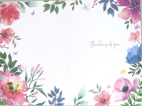 Thinking of You Card - Pink Blue Lilac Flowers Butterflies Gold Foil 7.5x5.25" Thinking of You Card - Pink Blue Lilac Flowers Butterflies Gold Foil 7.5x5.25"