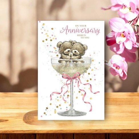 Open Wedding Anniversary Card - Bear in Champagne Glass with Glitter 7.75x5.25" Open Wedding Anniversary Card - Bear in Champagne Glass with Glitter 7.75x5.25"