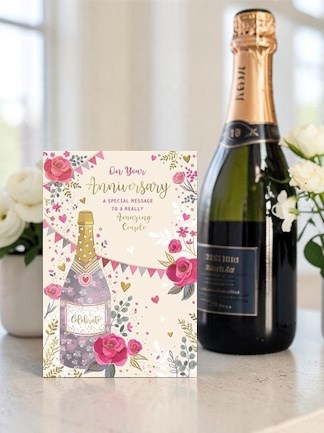 Wedding Anniversary Card - Champagne Bottle Pink Roses with Bunting 7.75x5.25" Wedding Anniversary Card - Champagne Bottle Pink Roses with Bunting 7.75x5.25"