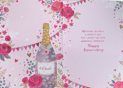 Wedding Anniversary Card - Champagne Bottle Pink Roses with Bunting 7.75x5.25" Wedding Anniversary Card - Champagne Bottle Pink Roses with Bunting 7.75x5.25"