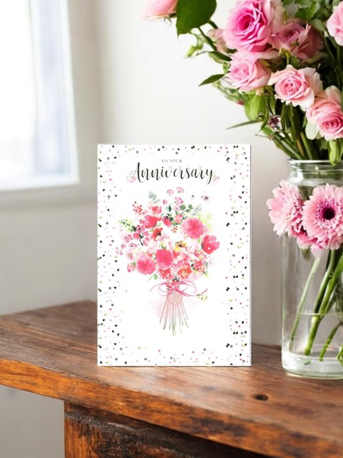 Open Wedding Anniversary Card - Pink Flowers and Gold Foil 7.75" x 5.25" Open Wedding Anniversary Card - Pink Flowers and Gold Foil 7.75" x 5.25"