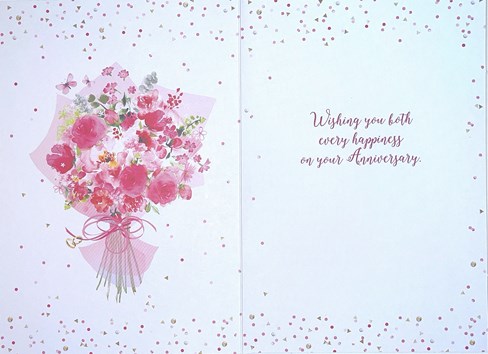 Open Wedding Anniversary Card - Pink Flowers and Gold Foil 7.75" x 5.25" Open Wedding Anniversary Card - Pink Flowers and Gold Foil 7.75" x 5.25"