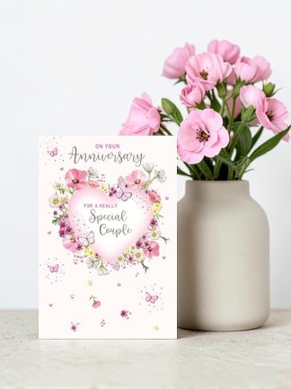 Wedding Anniversary Card - Pink Heart Flowers Butterflies Silver Foil 7.75x5.25"