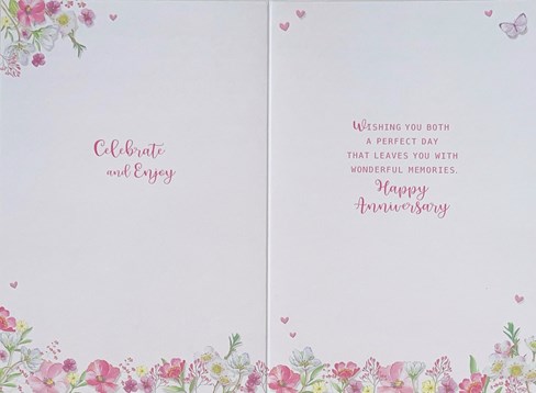 Wedding Anniversary Card - Pink Heart Flowers Butterflies Silver Foil 7.75x5.25"