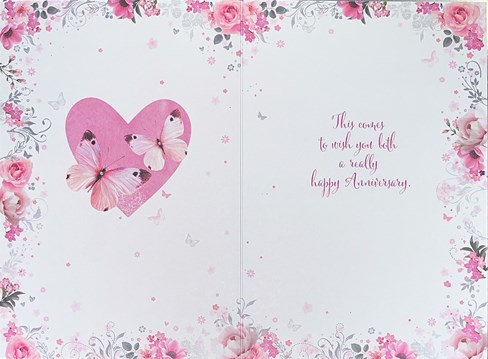 Wedding Anniversary Card - Silver Foil Heart Pink Butterflies Flowers 7.75x5.25" Wedding Anniversary Card - Silver Foil Heart Pink Butterflies Flowers 7.75x5.25"