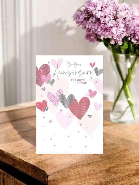 Open Wedding Anniversary Card - Pink Hearts with Silver Foil 7.75x5.25" Open Wedding Anniversary Card - Pink Hearts with Silver Foil 7.75x5.25"