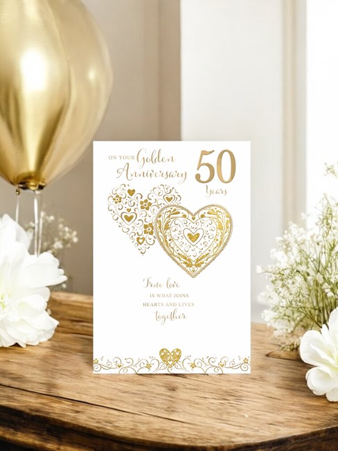 Golden 50th Wedding Anniversary Card - Gold Foiled Hearts 7.75x5.25" Golden 50th Wedding Anniversary Card - Gold Foiled Hearts 7.75x5.25"