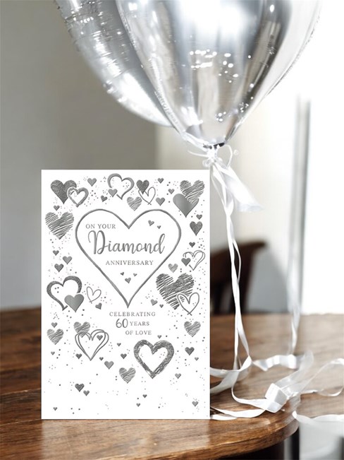 Diamond 60th Wedding Anniversary Card - Silver Foiled Hearts 7.75x5.25" Diamond 60th Wedding Anniversary Card - Silver Foiled Hearts 7.75x5.25"