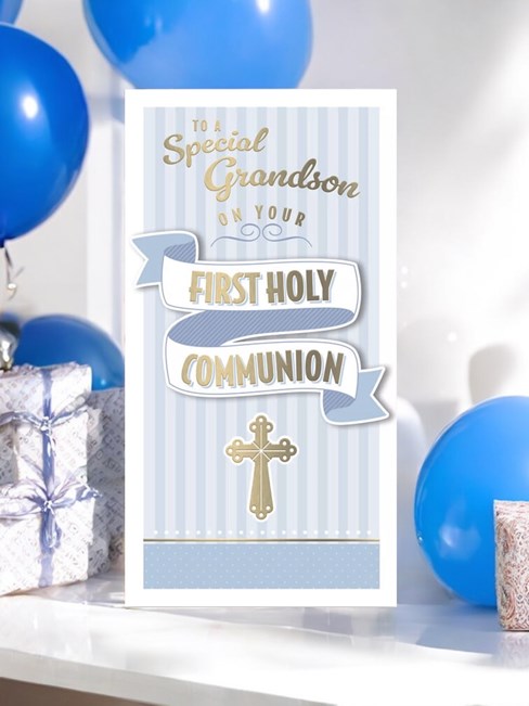 Grandson First Holy Communion Card - Blue White Stripe Gold Foil Cross 8.75x4" Grandson First Holy Communion Card - Blue White Stripe Gold Foil Cross 8.75x4"