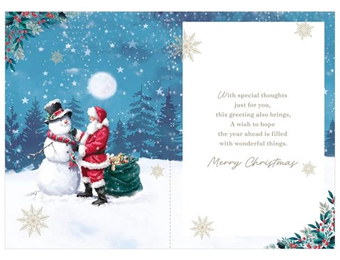 Open Happy Christmas Card - Santa & Snowman 3d Banner & Gold Foil 7.75x5.25" Open Happy Christmas Card - Santa & Snowman 3d Banner & Gold Foil 7.75x5.25"