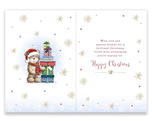 Great Grandson Christmas Card - Santa Bear with Gifts and Gold Foil 7.75x5.25" Great Grandson Christmas Card - Santa Bear with Gifts and Gold Foil 7.75x5.25"