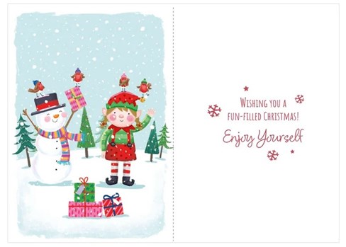 Special Little Girl Christmas Card - Snowman Elf and Robins Pink Foil 7.5x5.25" Special Little Girl Christmas Card - Snowman Elf and Robins Pink Foil 7.5x5.25"