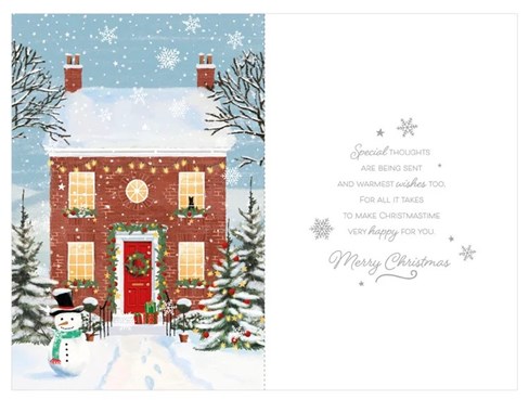 First Christmas In Your New Home Card - House and Snowman with Silver Foil 9x6" First Christmas In Your New Home Card - House and Snowman with Silver Foil 9x6"