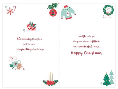 Granddaughter & Family Christmas Card - Red with Xmas Items Gold Foil Verse 9x6" Granddaughter & Family Christmas Card - Red with Xmas Items Gold Foil Verse 9x6"