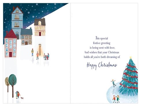 Nephew & Partner Christmas Card - Xmas Tree in Alpine Village Gold Foil 9x6" Nephew & Partner Christmas Card - Xmas Tree in Alpine Village Gold Foil 9x6"