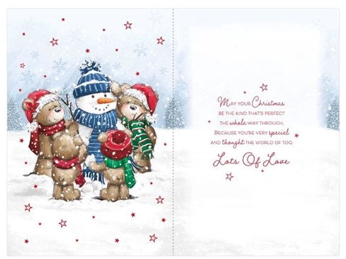 Daughter & Family Christmas Card - Bears Building Snowman Red Foil 9x6" Daughter & Family Christmas Card - Bears Building Snowman Red Foil 9x6"