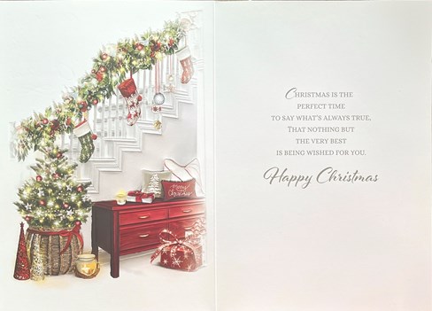 From Both Of Us Christmas Card - Garland on Staircase with Gold Foil 7.5x5.25 From Both Of Us Christmas Card - Garland on Staircase with Gold Foil 7.5x5.25