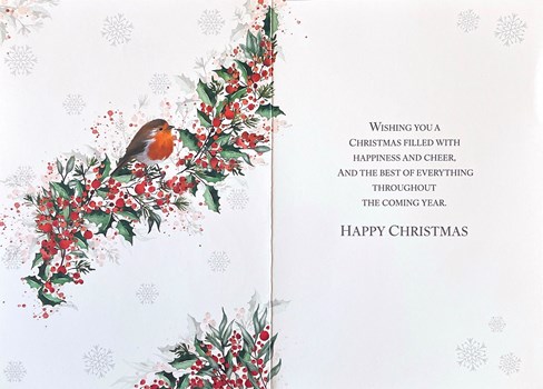 Across The Miles Christmas Card - Red Robin on Holly with Gold Foil 7.5x5.25" Across The Miles Christmas Card - Red Robin on Holly with Gold Foil 7.5x5.25"
