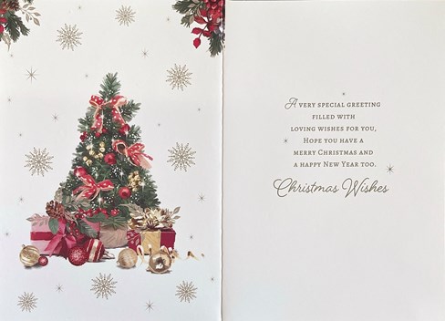 Auntie Christmas Card - Xmas Tree with Gifts and Baubles Gold Foil 7.5x5.25" Auntie Christmas Card - Xmas Tree with Gifts and Baubles Gold Foil 7.5x5.25"