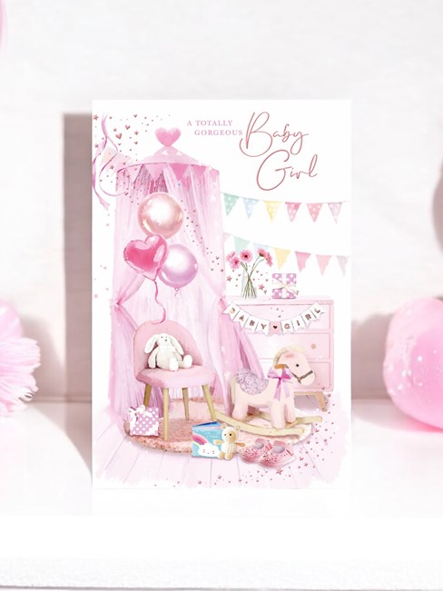 Birth of New Baby Girl Card - Pink Chair Rocking Horse Balloons Bunting 9x6" Birth of New Baby Girl Card - Pink Chair Rocking Horse Balloons Bunting 9x6"