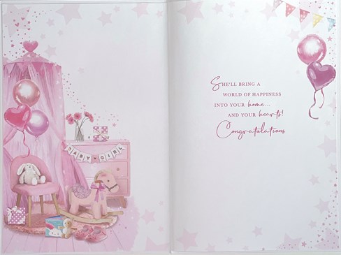 Birth of New Baby Girl Card - Pink Chair Rocking Horse Balloons Bunting 9x6" Birth of New Baby Girl Card - Pink Chair Rocking Horse Balloons Bunting 9x6"