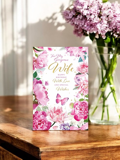 Wife Birthday Card - Pink Flowers and Butterflies with Gold Foil Finish 9x6" Wife Birthday Card - Pink Flowers and Butterflies with Gold Foil Finish 9x6"