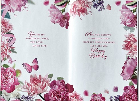 Wife Birthday Card - Pink Flowers and Butterflies with Gold Foil Finish 9x6" Wife Birthday Card - Pink Flowers and Butterflies with Gold Foil Finish 9x6"